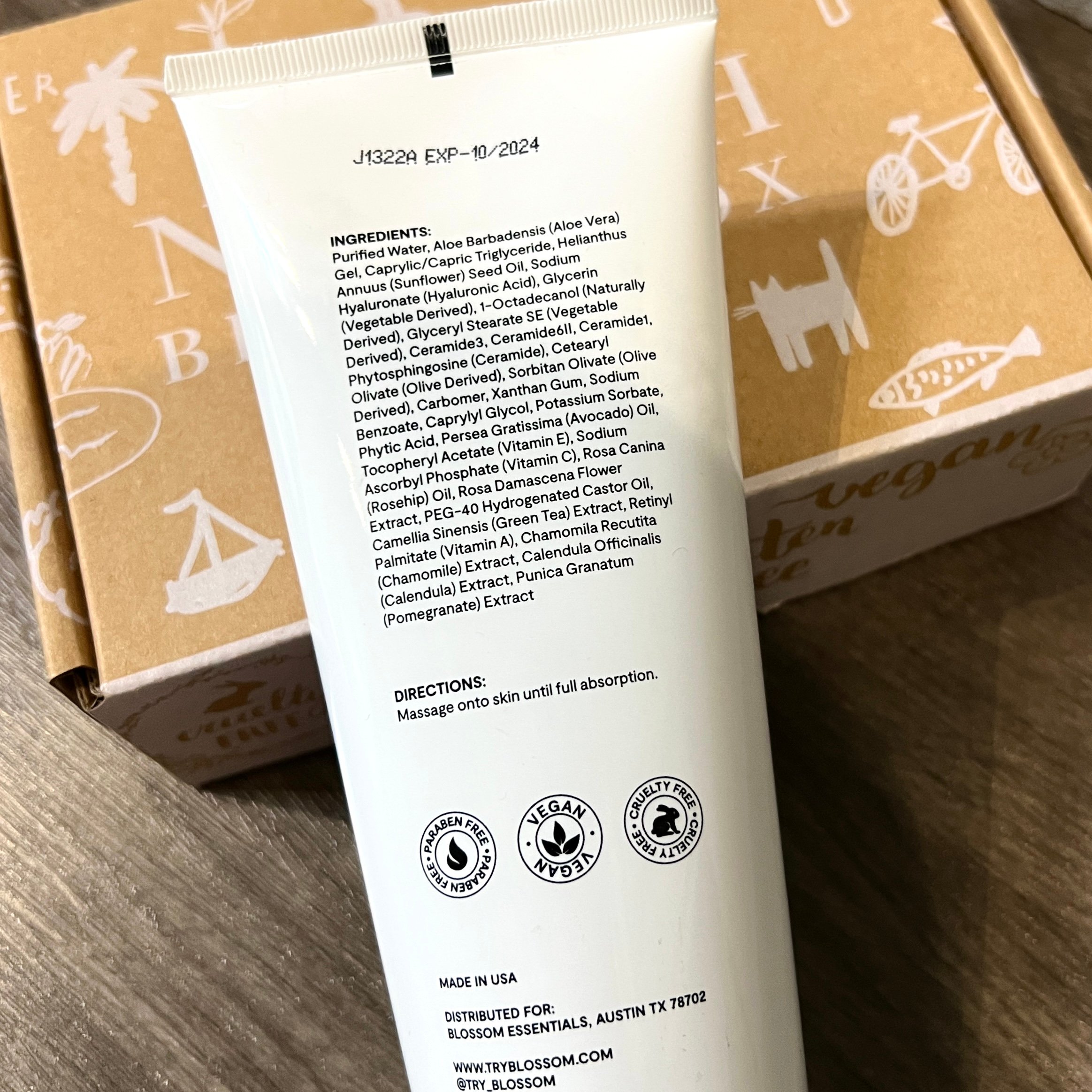 Back of Blossom Essentials Lotion for Nourish Beauty Box October 2023