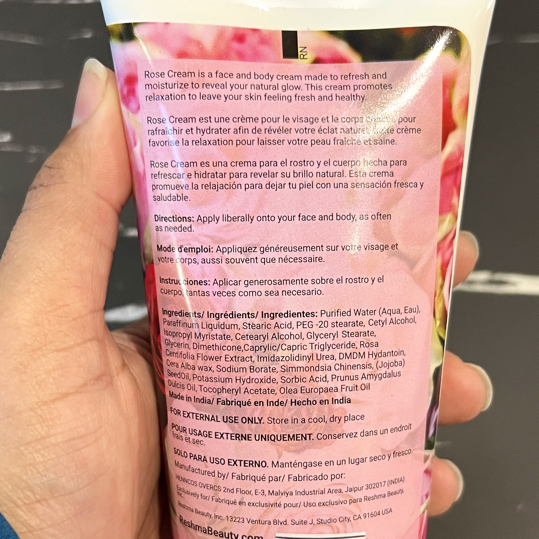 Back of Reshma Rose Face Cream for Cocotique November 2023