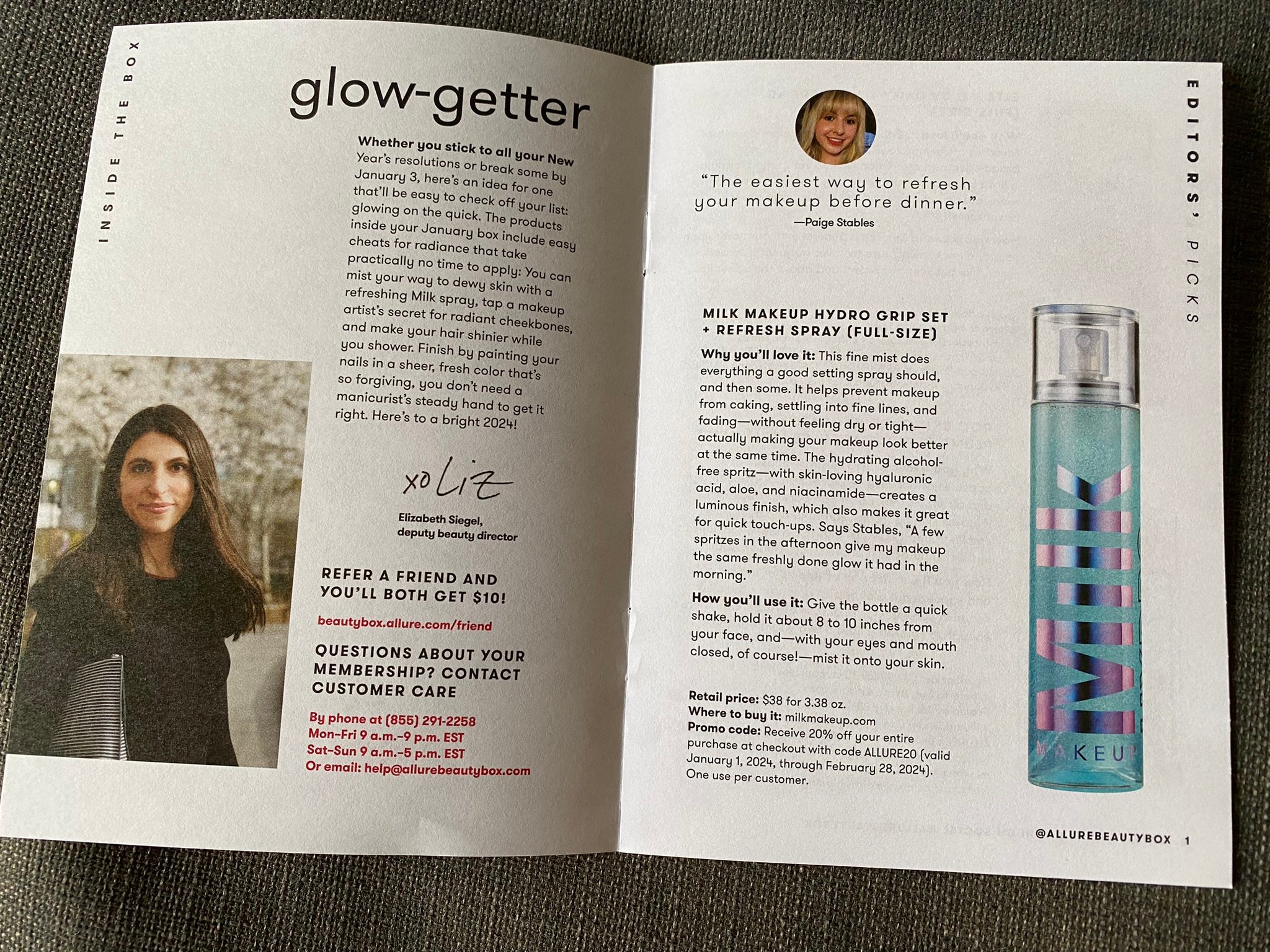 Miniature magazine describing skincare products inside Allure Beauty Box January 2024
