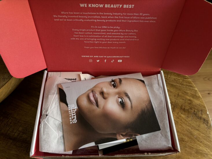 Allure Beauty Box open with skincare and makeup products inside