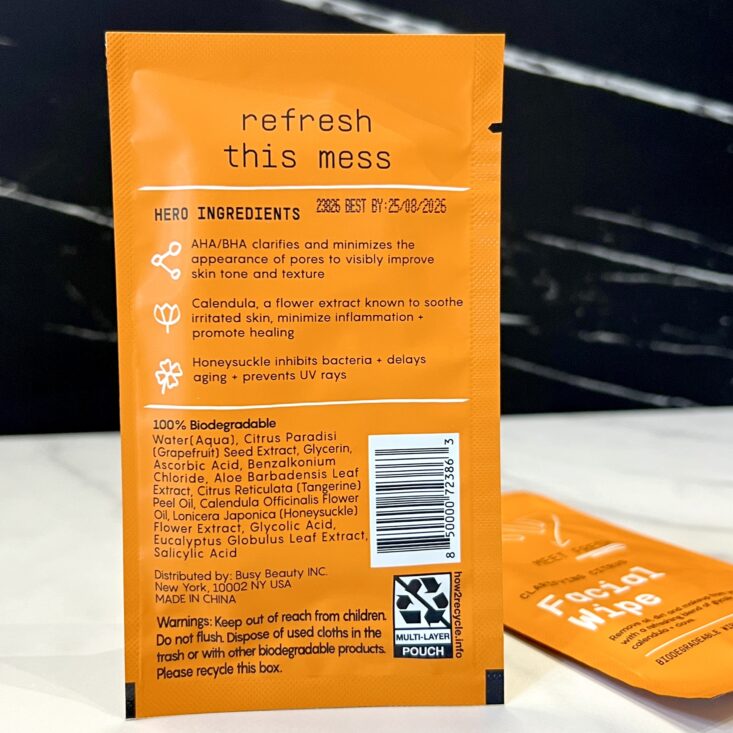 Back of Busy Co. Facial Wipe for Birchbox March 2024