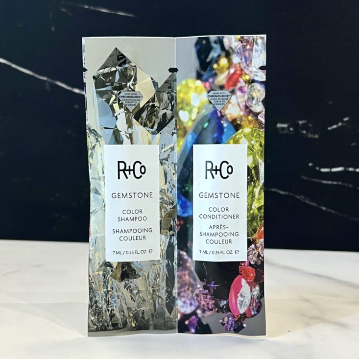 Front of R+Co Shampoo and Conditioner Set for Birchbox March 2024
