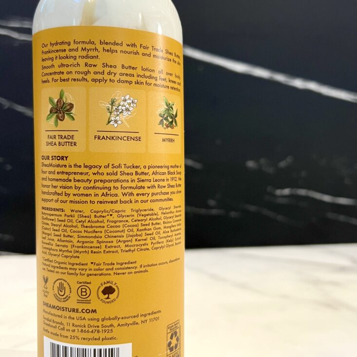 Back of Shea Moisture Body Lotion for Cocotique March 2024