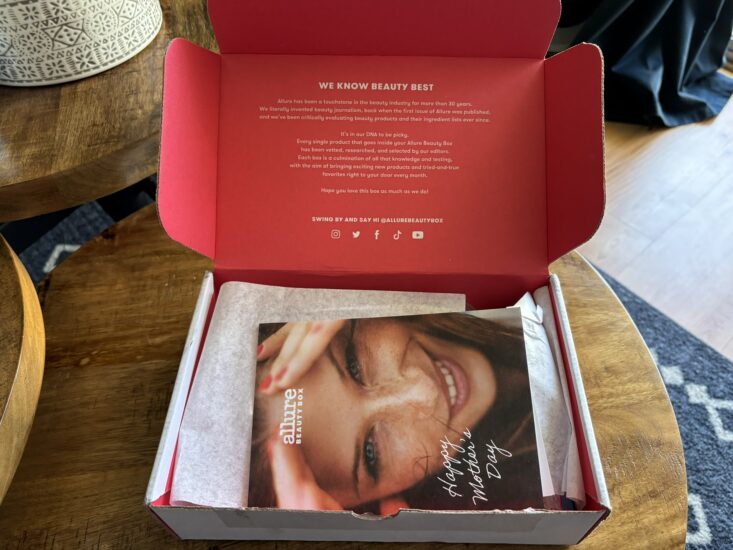 Allure Beauty box open revealing pamphlet inside