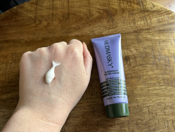 Mudmasky hand cream applied to a hand