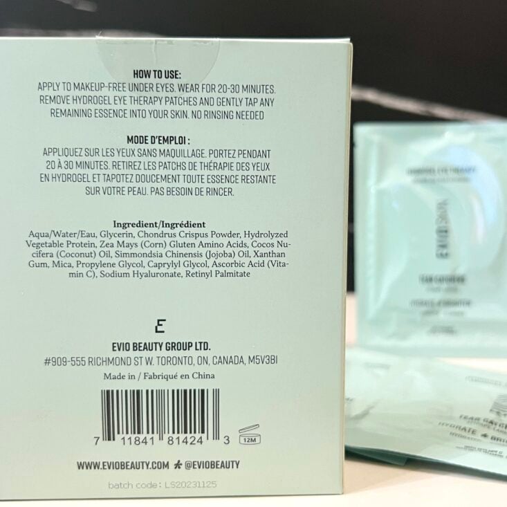 Back of Evio Skin Eye Patches for Birchbox May 2024