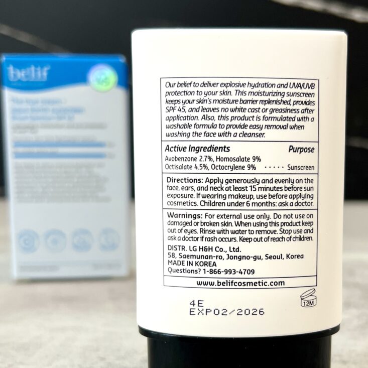 Back of Belif Aqua Bomb Sunscreen for Cocotique May 2024