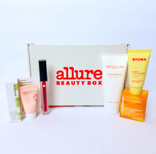 This Allure Beauty Box came with items like eye cream, leave-in haircare, lipstick, and cleanser.