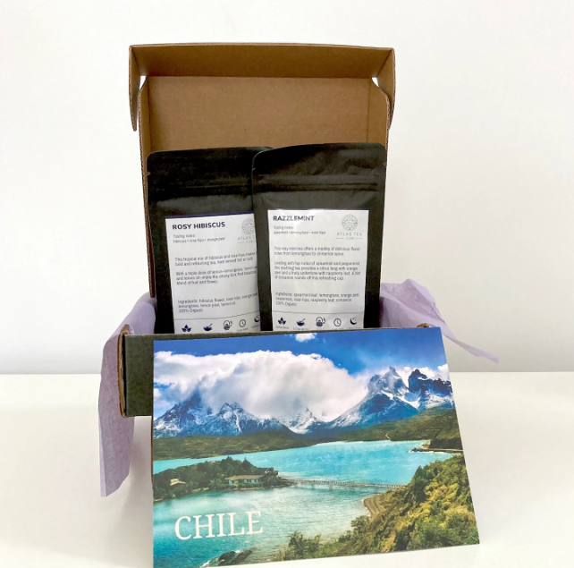 This box from Atlas Tea Club included Rosy Hibiscus and Razzlemint tea from Chile.