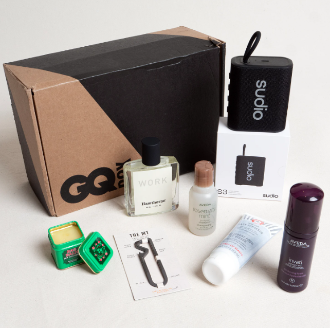 Carlos received a speaker, cologne, a multi tool, and grooming supplies from his GQ Best Stuff Box.