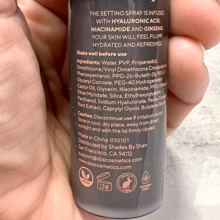 Back of Shades By Shan The Setting Spray for Ipsy Glam Bag September 2024