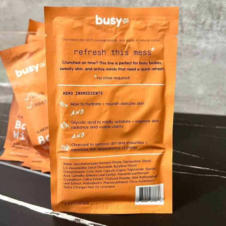 Back of Busy Co. Body Wipes for BirchBox October 2024