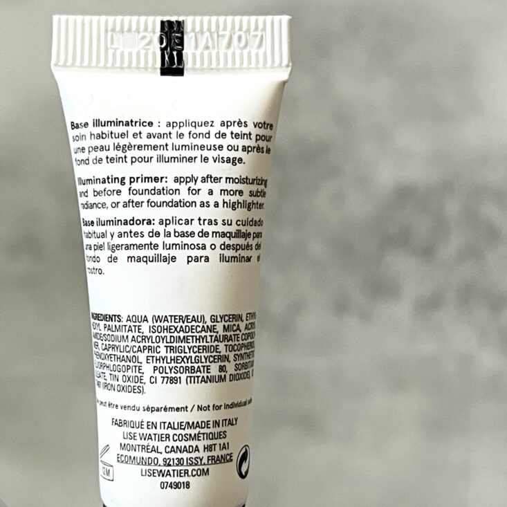 Back of Lise Watier Illuminating Primer for BirchBox October 2024