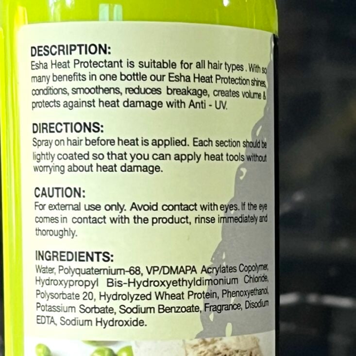 Back of Esha Heat Protection Spray for Cocotique October 2024