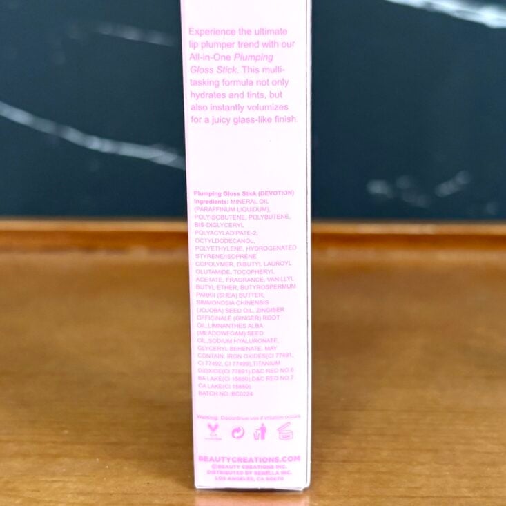Back of Beauty Creations Lip Plumper for Ipsy Glam Bag April 2025