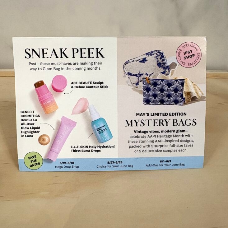 Back of Card for Ipsy Glam Bag May 2025
