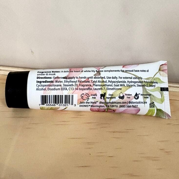 Back of Dionis Goat Milk Hand Cream for Ipsy Glam Bag May 2025