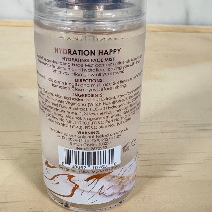 Back of Manna Kadar Hydrating Face Mist for Ipsy Glam Bag May 2025