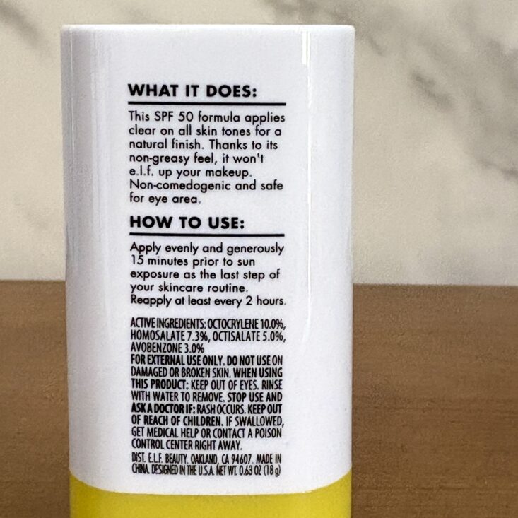 Back of E.L.F. Skin Suntouchable Invisi-Stick for Ipsy Glam Bag July 2025