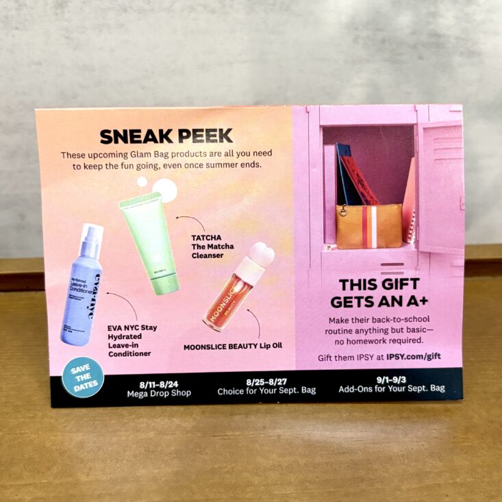Back of Card for Ipsy Glam Bag August 2025