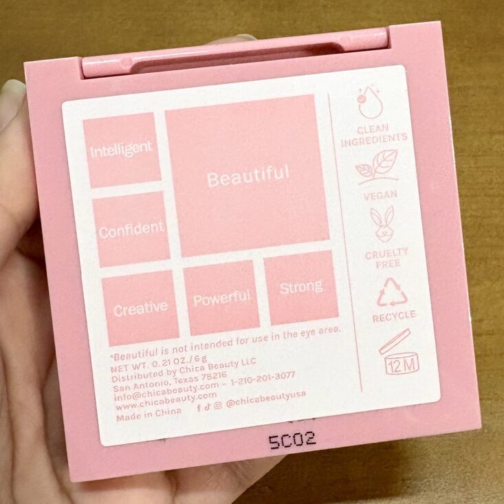 Back of Chica Beauty Multi Eyeshadow and Blush Palette for Ipsy Glam Bag October 2025