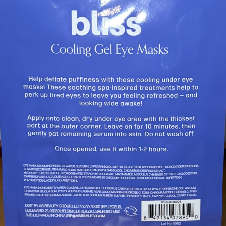 Back of Bliss Eye Masks for IPSY Original December 2025
