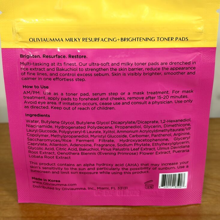 Back of Olivia Umma Toner Pads for IPSY Original June 2026