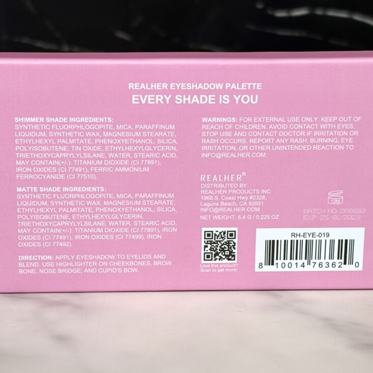 Back of REALHER Eyeshadow Palette for IPSY Original July 2026